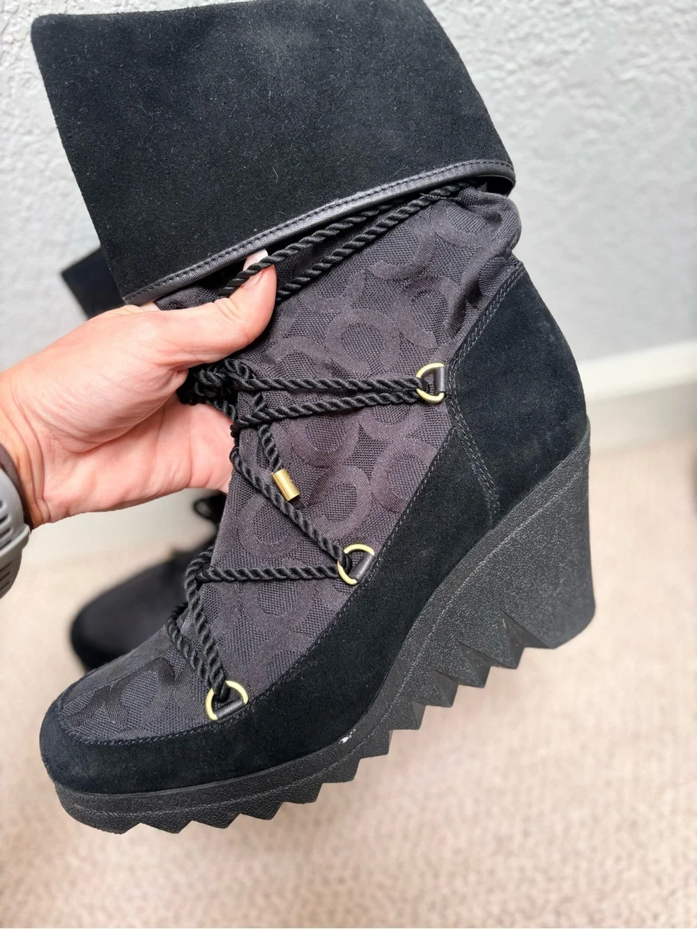 COACH Women's Black Wedge Lace-Up Winter Boots